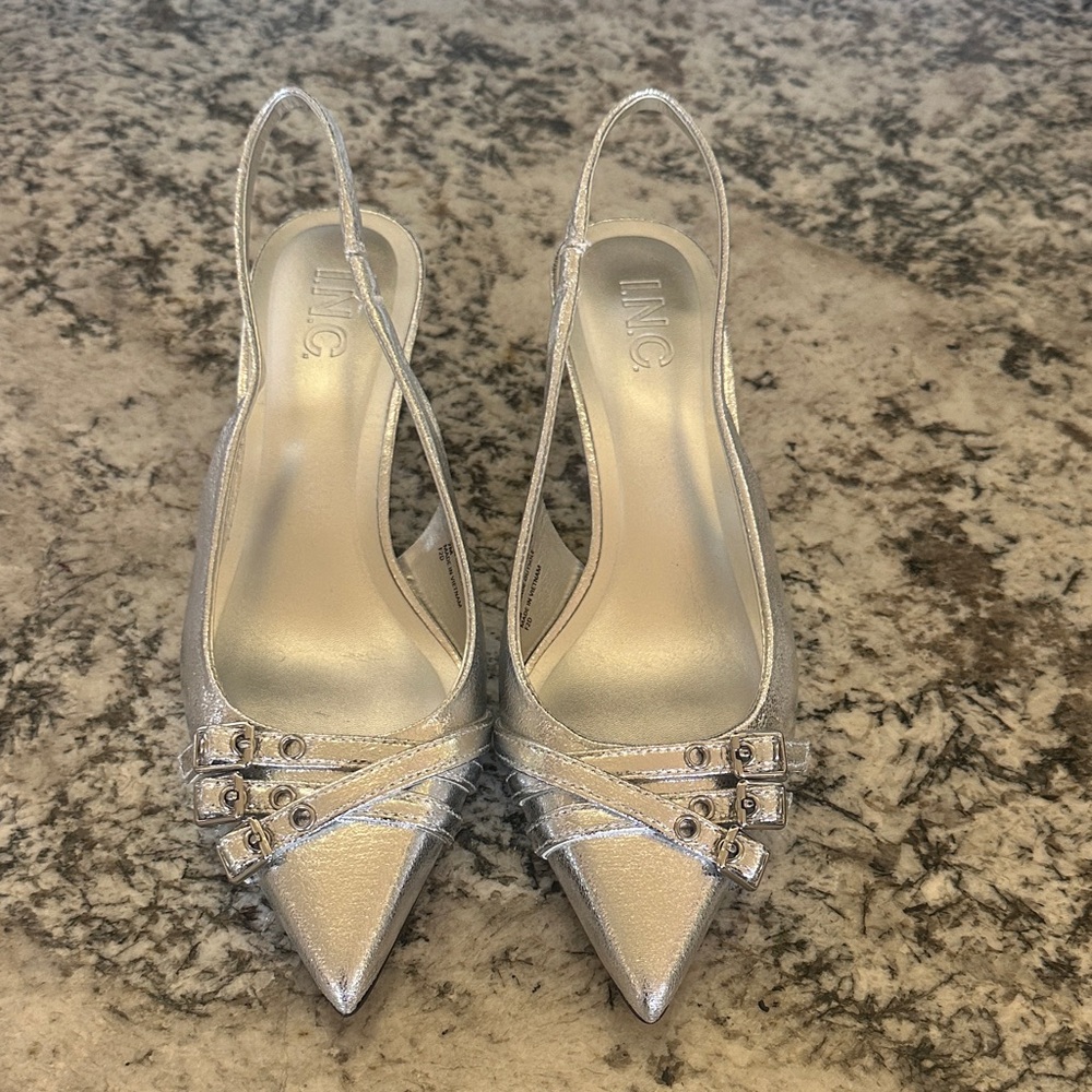 INC International Concepts Silver Pointed Slingback Heels
